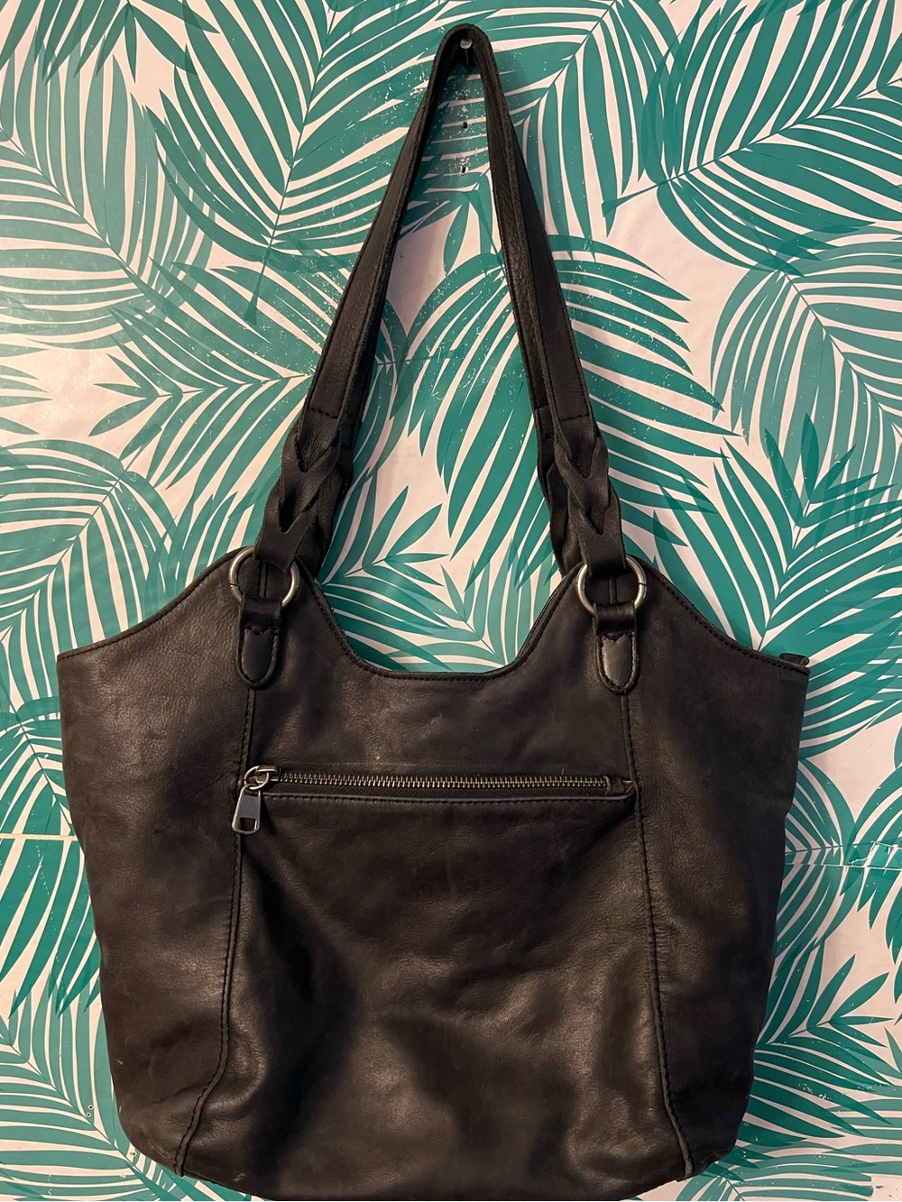 The Sak Sierra Shopper Black Leather Tote Handbag hobo distressed